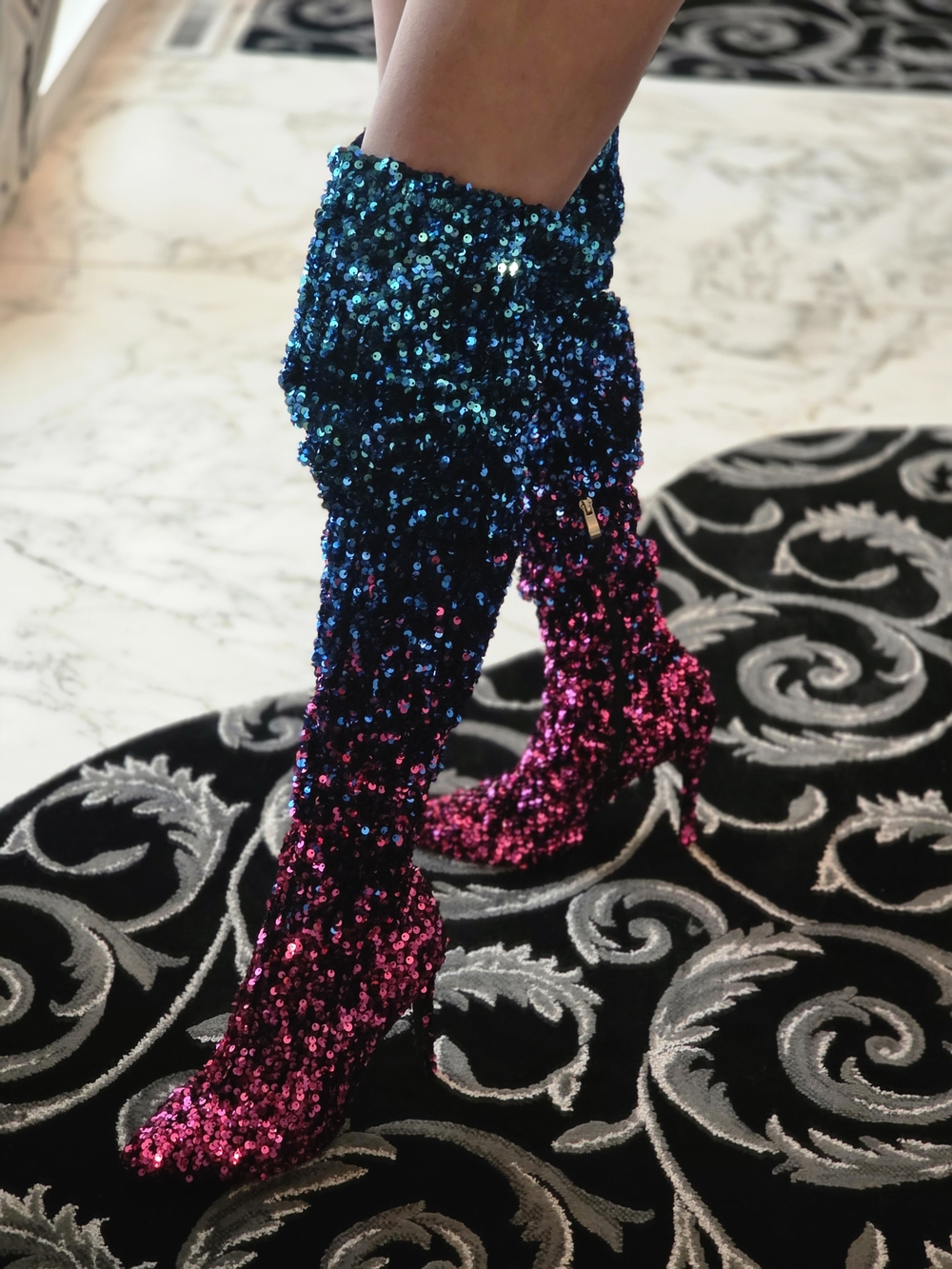 NEW Without Tags Sequin Ombre Thigh-High Heeled Boots in Blue and Pink